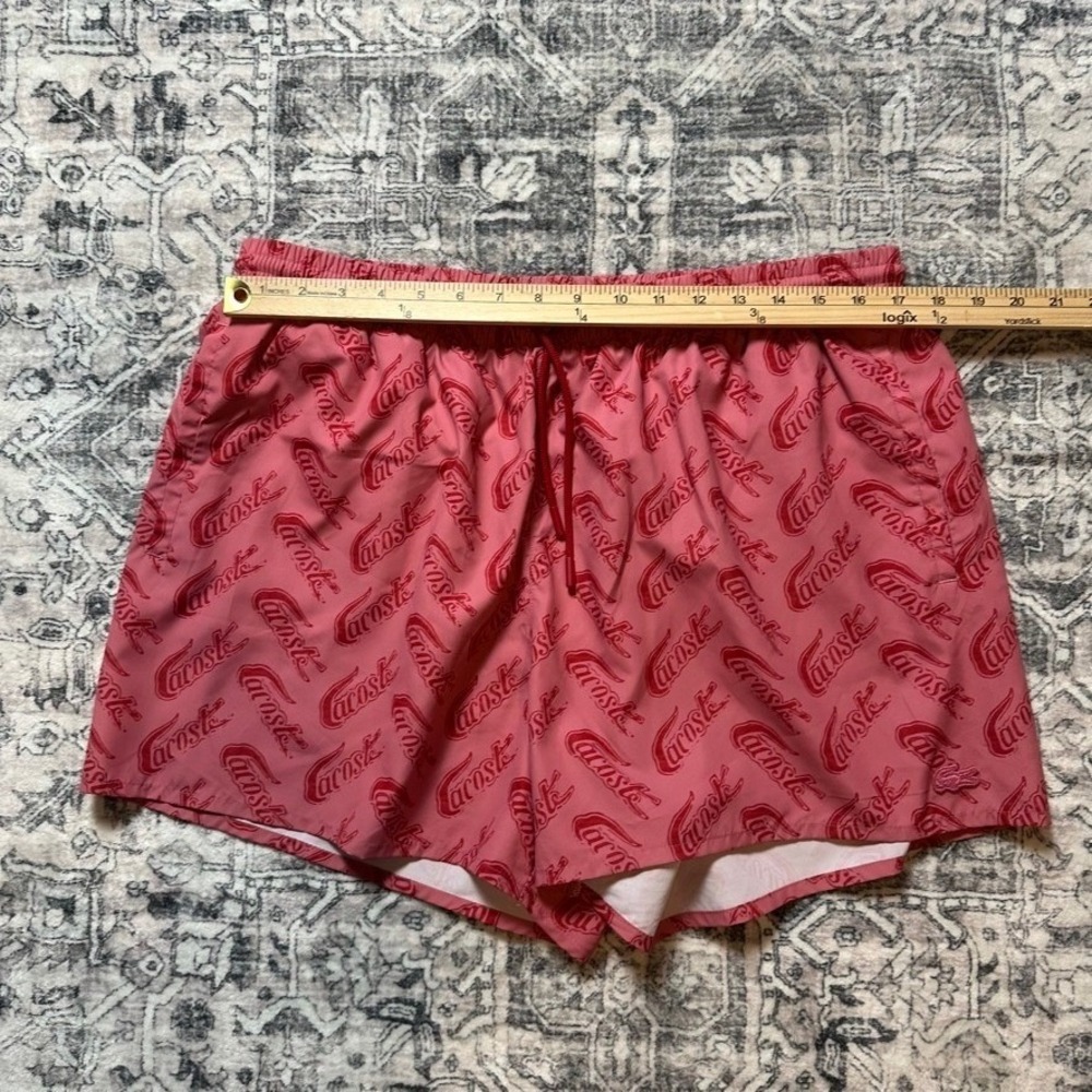 Lacoste Script Logo Print Swim Trunks Pink Lighthouse Red XL Board Shorts - Picture 2 of 8